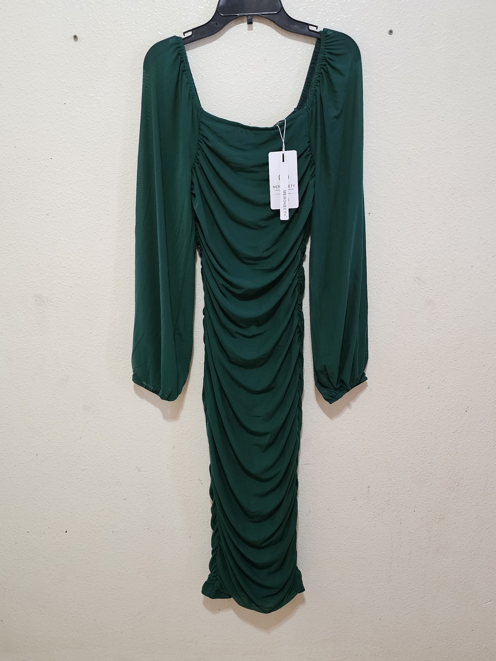 MEROKEETY NWT Emerald Green Ruched Mesh Bodycon Cocktail Party Midi Dress Size S